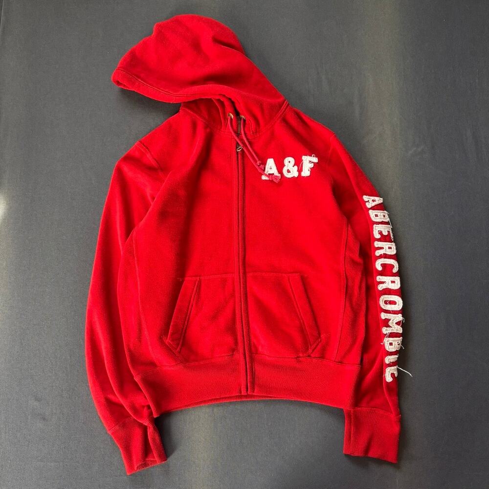 Y2K Abercrombie & Fitch Red Muscle Cotton Full Zip Hoodie Embroidered Sz Large